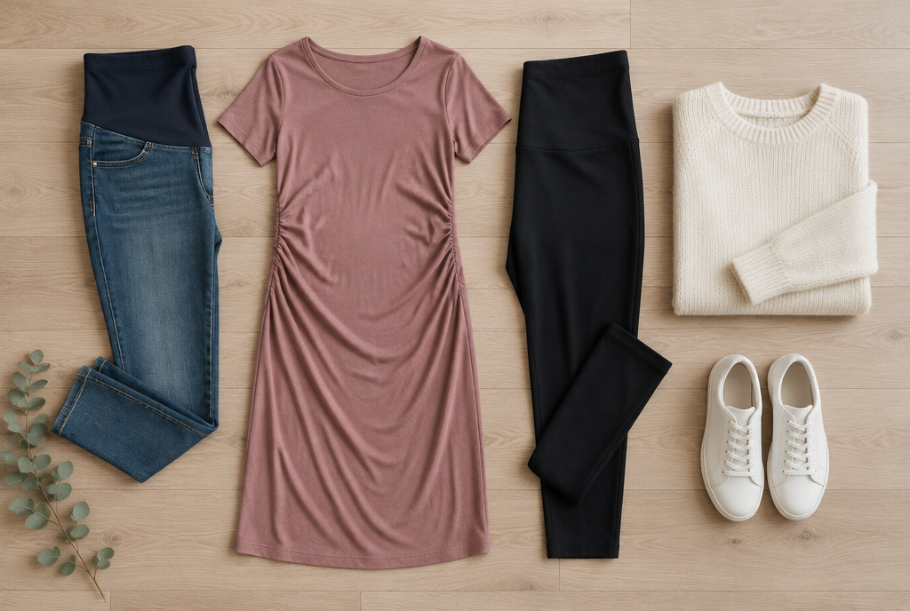 Garde-robe de grossesse : jean à bandeau, robe rose, legging, pull et baskets Image