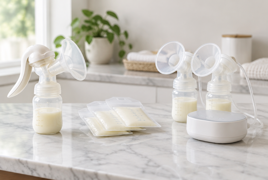 Tire-lait manuel et tire-lait électrique côte à côte avec des sachets de conservation Image