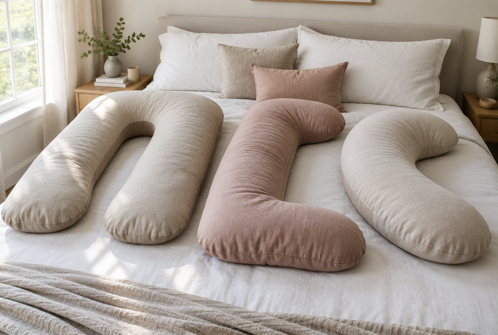 Trois coussins de grossesse en U, en L et en C posés sur un lit Image