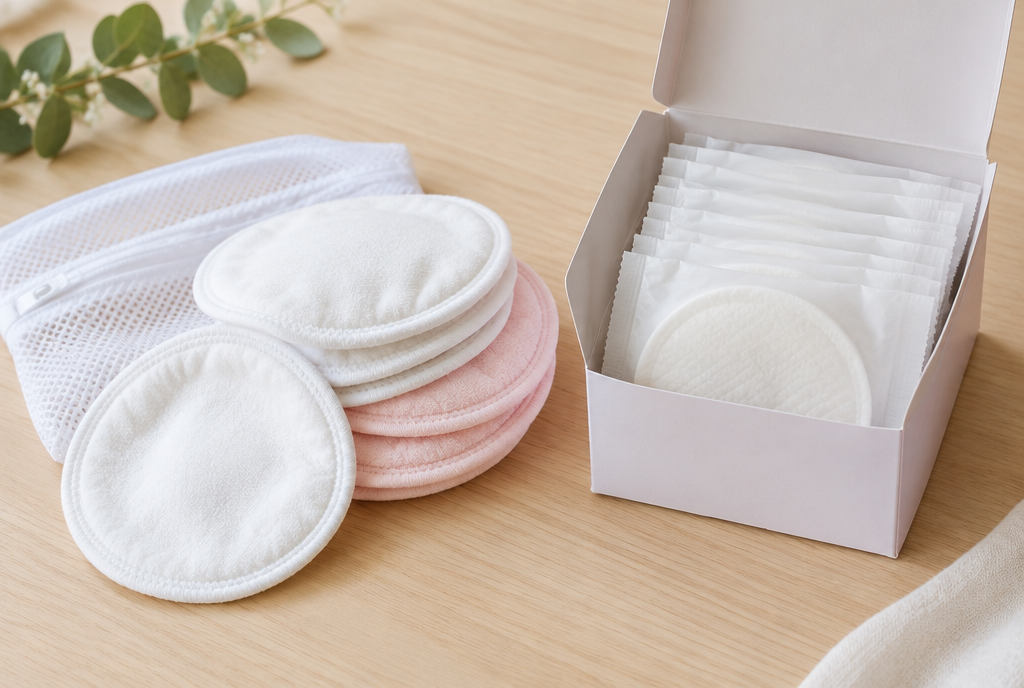 Coussinets d'allaitement lavables avec leur filet de lavage et coussinets jetables en boîte Image
