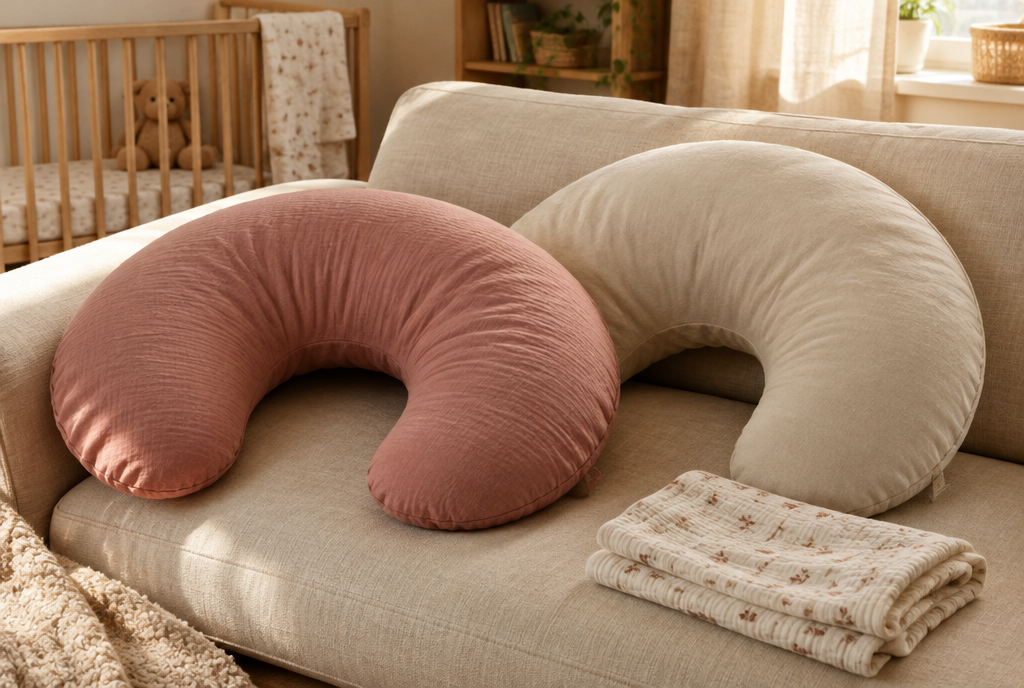Deux coussins d'allaitement en forme de croissant, rose et beige, sur un canapé Image