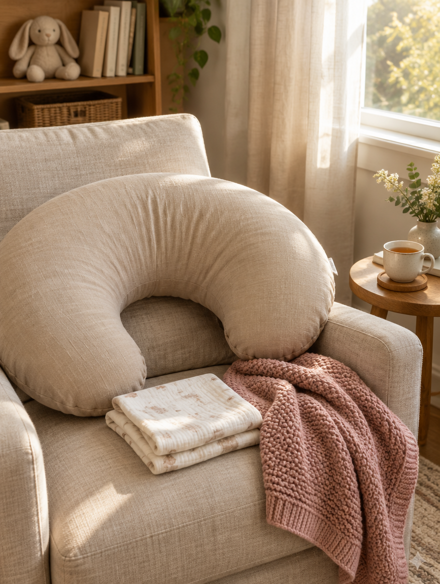 Coussin d'allaitement en coton beige posé sur un fauteuil, avec une couverture rose Image