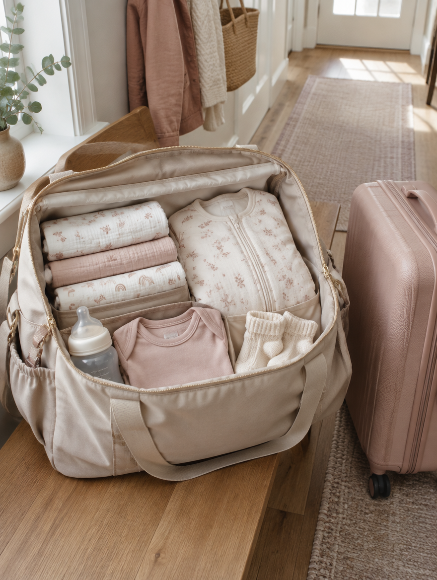 Sac à langer ouvert rempli de langes, gigoteuse et biberon, à côté d'une valise de maternité Image