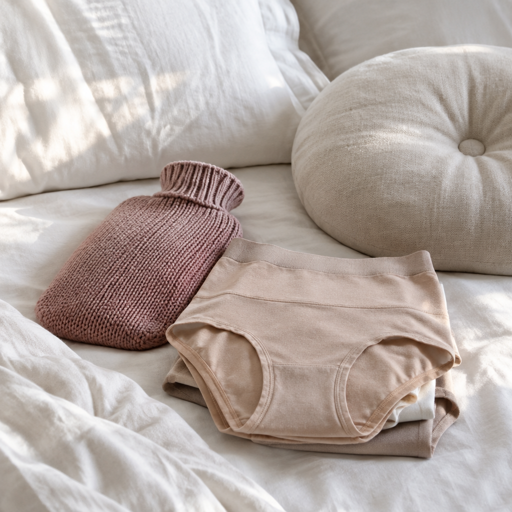Culottes post-partum, bouillotte tricotée et coussin rond sur un lit